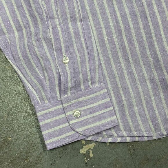 Willaim 100% Linen Dress Shirt Purple Striped Long Sleeve Made in Italy 18" XXL - Picture 4 of 9